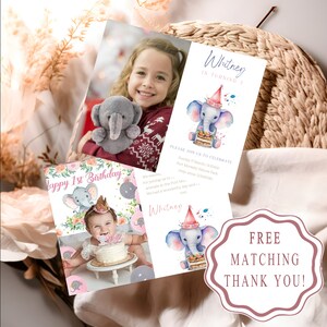 Schattige olifant Kids Birthday Party uitnodiging Set | Aangepaste foto optie! GRATIS bijpassende bedankkaart