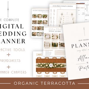 May include: A digital wedding planner set featuring interactive tools, spreadsheets, and 22 chapters. The documents include a guest favor planner, procession order, seating chart style guide, and a cover page for Allanah and Patrick.