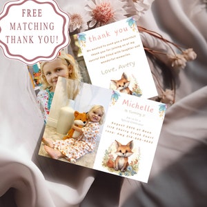 Kids Fox thema verjaardagsfeestje uitnodiging set | Aangepaste foto | Gratis bijpassende bedankkaart