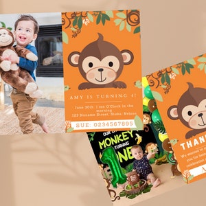 Uitnodiging voor verjaardagsfeestje met aap-thema voor kinderen | Aangepaste foto uploaden! GRATIS bijpassende bedankkaart