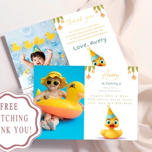 Leuke eend verjaardagsuitnodiging voor kinderen met aangepaste foto | Gratis bijpassende bedankkaart