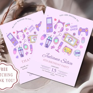 Ensemble d'invitations d'anniversaire Gamer Girl | Faire-part de jeu vidéo numérique | Carte de remerciement assortie gratuite