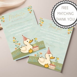 Schattige eend Kids verjaardagsuitnodiging Set | Gratis bijpassende bedankkaart