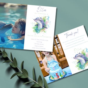 Invitation fête d'anniversaire dauphin | Ajoutez votre propre photo ! Carte de remerciement assortie GRATUITE