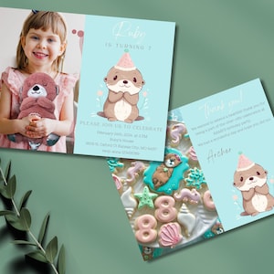 Schattige Otter verjaardagsfeestje uitnodiging set | Voeg uw eigen foto toe! GRATIS bijpassende bedankkaart
