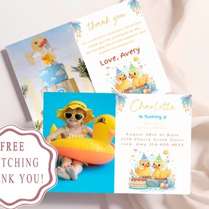 Schattige eend verjaardagsuitnodiging set met aangepaste foto | Gratis bedankkaart