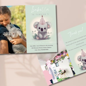 Kids Koala thema verjaardag partij uitnodiging Set | Aangepaste foto-optie! GRATIS bijpassende bedankkaart