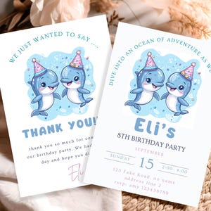 Ensemble d'invitations d'anniversaire dauphin mignon | Nom personnalisé et modifiable
