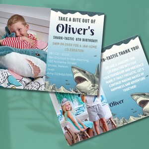 Haai thema Kids verjaardagsuitnodiging Set | Aangepaste foto! GRATIS bedankkaart