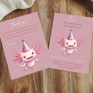 Axolotl Birthday Invitation Set with FREE Matching Thank You Note | Personalized Axolotl-Themed Party Invite | Instant Download