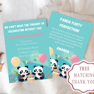Panda verjaardagsfeestje uitnodiging - gepersonaliseerde Panda Fun gratis bijpassende bedankje verjaardagsbriefje