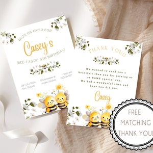 Schattige Bee verjaardagsuitnodiging Set | Gepersonaliseerd met gratis bijpassende bedankkaart