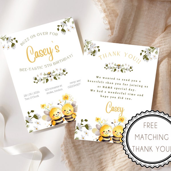 Cute Bee Birthday Invitation Set | Personalized with Free Matching Thank You Card