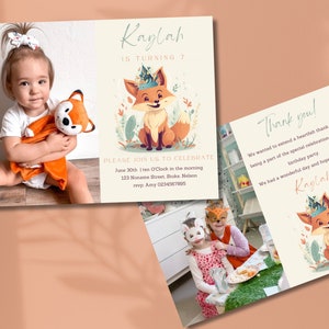 Kids Fox thema verjaardagsfeestje uitnodiging set | Aangepaste foto | Gratis bijpassende bedankkaart