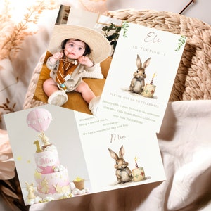 Bunny Rabbit Kids verjaardagsuitnodiging Set | Aangepaste foto-optie! GRATIS bijpassende bedankkaart