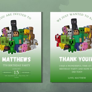 Aangepaste Minecraft verjaardagsfeestje uitnodiging met aangepaste foto | Gratis bijpassende bedankkaart