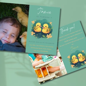 Duck Kids verjaardagsfeestje uitnodiging set | Voeg uw eigen foto toe! GRATIS bijpassende bedankkaart