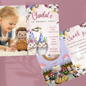 Ensemble d'invitations d'anniversaire pour enfants sur le thème du hérisson | Téléchargement de photos personnalisées ! Carte de remerciement assortie GRATUITE