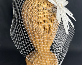 SS30 Birdcage veil with Swarovski Crystal and feathers, Bachelorette short veil, Bridal fascinator , Kentucky derby, Virginia Gold Cup.