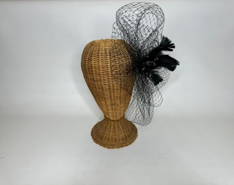 SS36 Black Fascinator Millinery Netting large Bow with,  Swarovski Crystals and  feathers  Tea Party, Kentucky derby, Virginia Gold Cup.