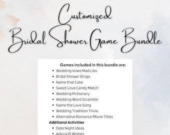 May include: A printable bridal shower game bundle with a list of games included, such as Wedding Vows Mad Libs, Bridal Shower Bingo, Name that Cake, Sweet Love Candy Match, Wedding Pictionary, Wedding Word Scramble, Name the Love Song, Wedding Tradition Trivia, and Alternative Romance Movie Titles. The bundle also includes additional activities like Date Night Ideas and Advice & Wishes.