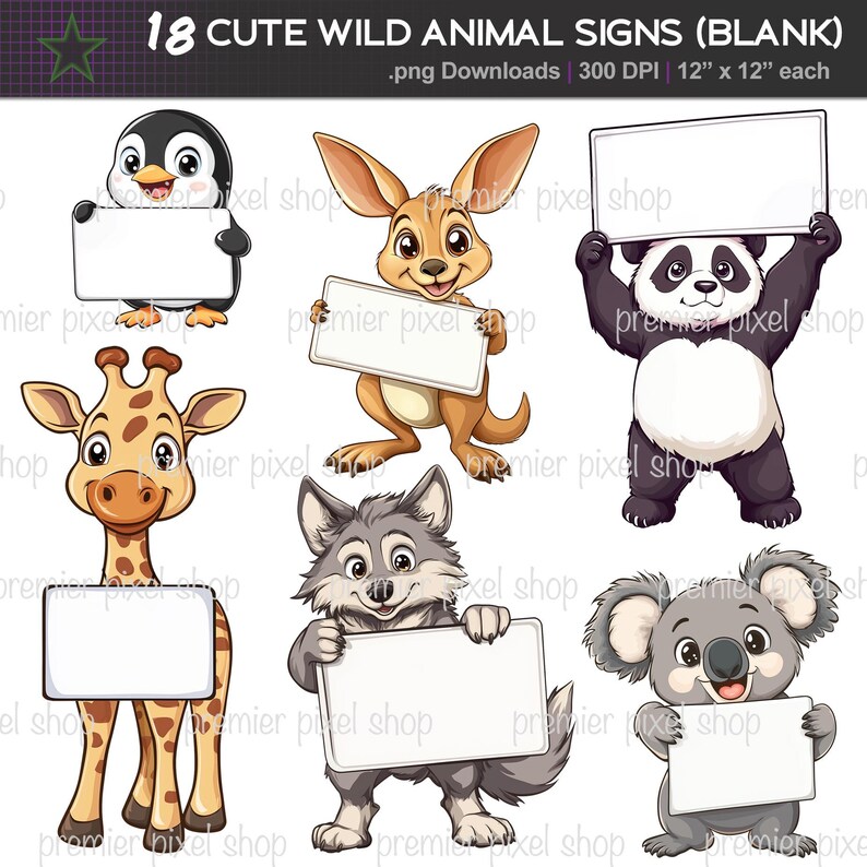 Cute Animal PNG Clipart Bundle, Customizable Sign, Zoo Animals (digital ...