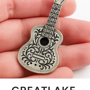 Vintage Silver Guitar Pin – Ornate Etched Musical Brooch – Southwestern / Mexican Style