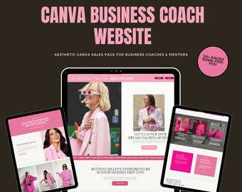May include: A mockup of a website for business coaches, featuring a pink and white color scheme. The website is designed to help creative entrepreneurs build businesses they love. The website includes a call to action to "Let's Launch Your Dream Coaching Business".