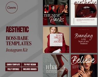 May include: Aesthetic Boss Babe Instagram Kit template design in burgundy and white. The image includes the Canva logo, text that reads "The New Hacks", "Your Dream Life Awaits", "Branding is the heart of any business", and "Believe".
