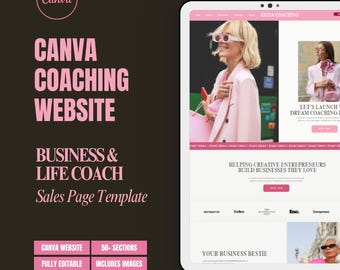 May include: A pink and white Canva website template for business and life coaches. The template features a photo of a woman wearing pink sunglasses and a pink coat. The text on the website reads "Let's launch your dream coaching business" and "Helping creative entrepreneurs build businesses they love".