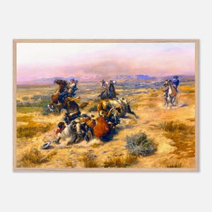 Könnte beinhalten: Gerahmtes Gemälde mit Western-Motiv, das Cowboys auf Pferden zeigt, die einen Stier in einer Wüstenlandschaft fangen. Das Kunstwerk zeigt eine dynamische Szene mit Figuren in Bewegung und eine lebendige Farbpalette aus Braun-, Blau- und Gelbtönen.