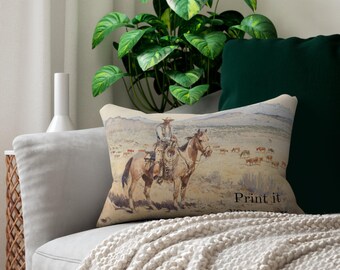 Almohada lumbar personalizable "Revisando la manada" del lejano oeste - Decoración rústica de vaqueros de Texas, cojín de arte occidental de doble cara, regalo de rodeo