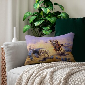 Cowboys Roping a Longhorn Steer Personalizable Wild West Ranch Lumbar Pillow - Rustic Texas Decor, Double-Sided Western Art Cushion Rodeo