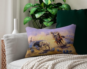 Vaqueros lazando un novillo longhorn. Almohada lumbar personalizable de rancho del Viejo Oeste. Decoración rústica de Texas. Cojín de doble cara con arte occidental. Rodeo.