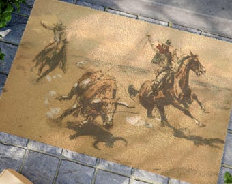 Vintage Cowboy Western le paillasson Bolter Western Texas Longhorn Frontier | Tapis d'entrée rustique ranch