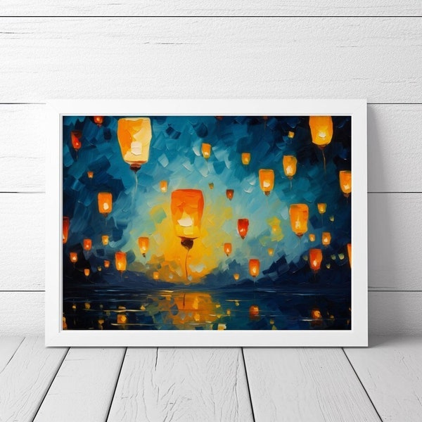 A Magical Night on the Water,Lanterns Digital print,glowing lantern,Floating lantern,Abstract Expressionist Painting,Van Gogh,Oil Painting