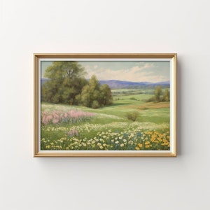 Pastorale Landschaft Leinwanddruck, ruhige Natur Kunst, Blumen Wanddekor, große Wandkunst, friedliche Landschaft Malerei, rustikale Wohnkultur