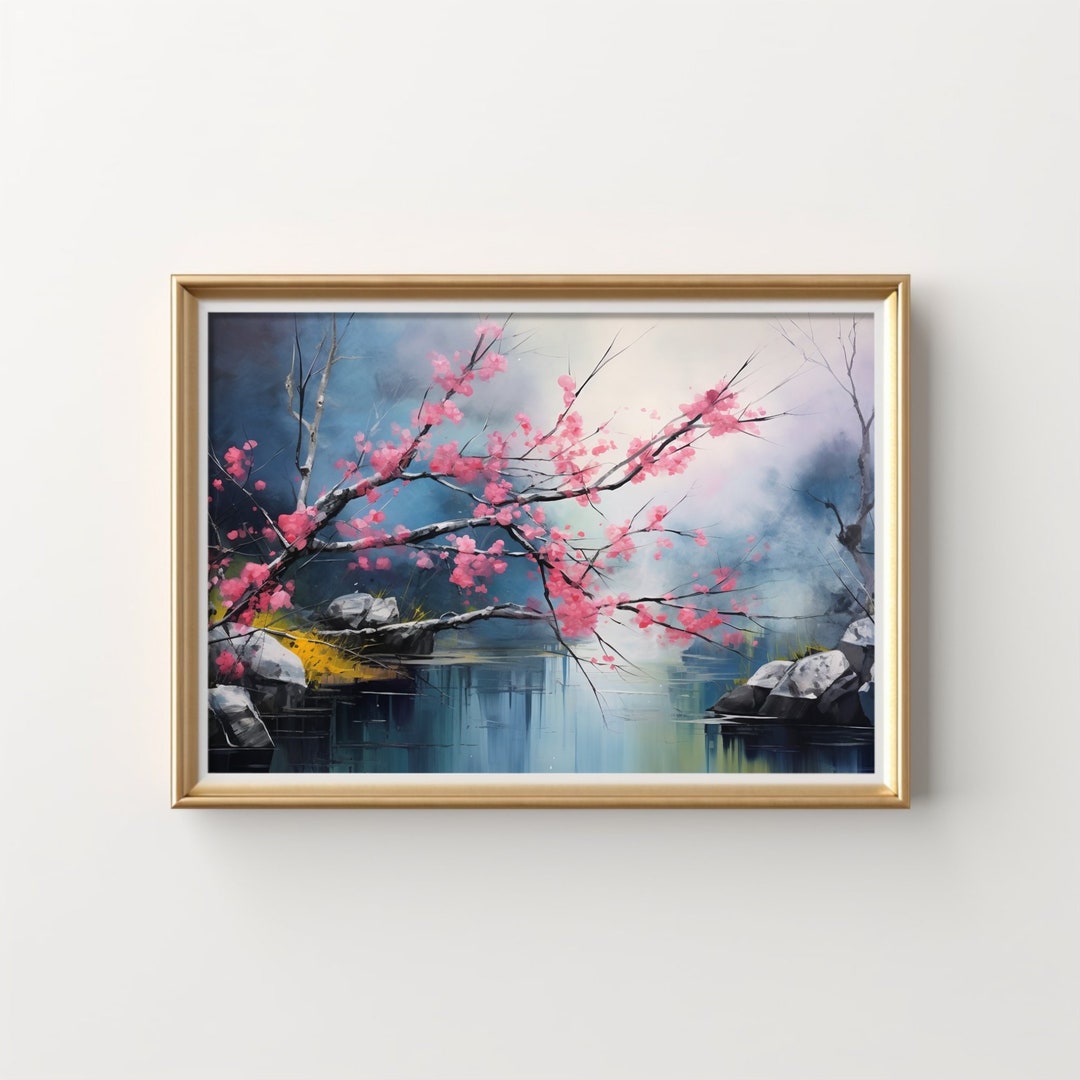 Abstract Cherry Blossom Wall Art, Modern Floral Canvas Print, Pink Blue ...