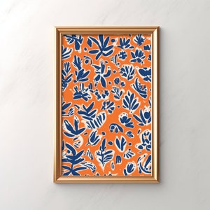 Abstract Blue Floral Print on Orange Background, Modern Wall Art, Botanical Illustration Poster, Home Decor, Living Room Wall Hanging
