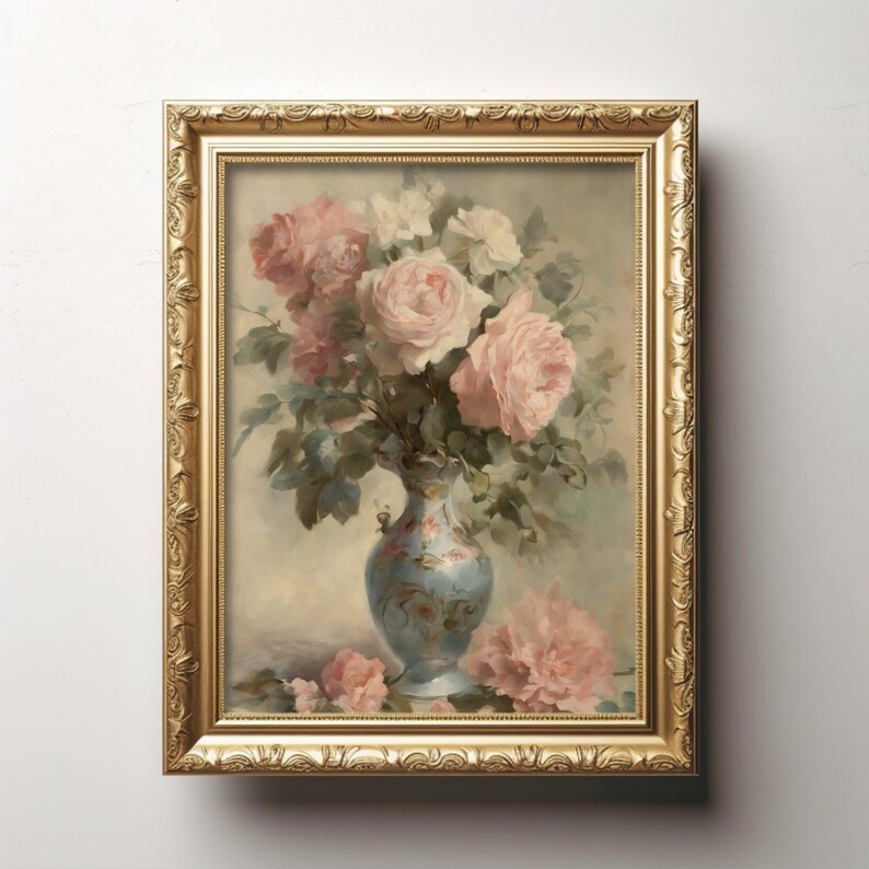 Vintage Floral Vase Art Print, Classic Rose Bouquet Painting, Elegant ...