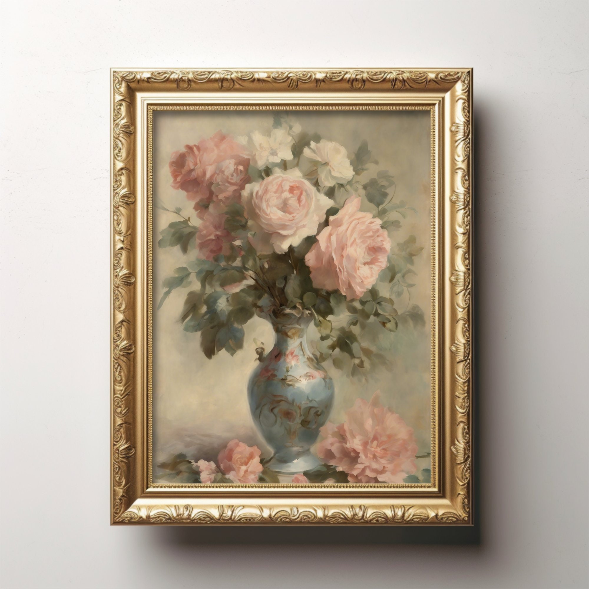 Vintage Floral Vase Art Print, Classic Rose Bouquet Painting, Elegant ...