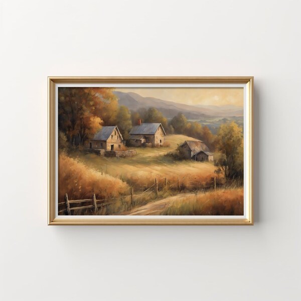 Rustic Country Landscape Canvas Print, Autumn Countryside Farmhouse Wall Art, Large Warm Toned Decor, Peaceful Scenery Fine Art