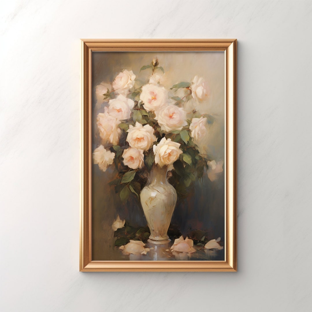 Classic Floral Still Life Canvas Art, Elegant Roses in Vase, Vintage ...