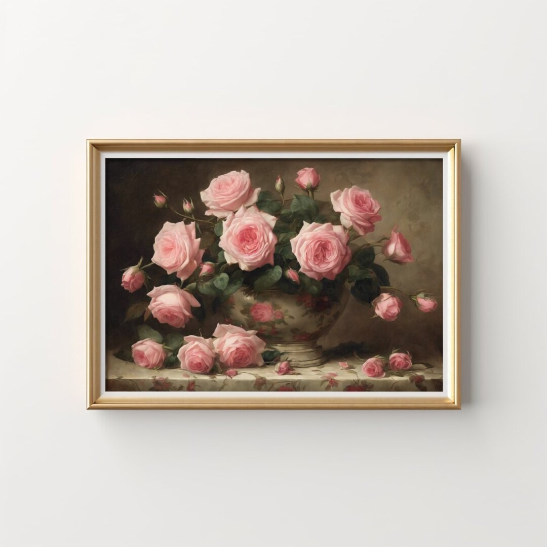 Vintage Rose Wall Art, Classic Pink Roses Print, Floral Home Decor ...