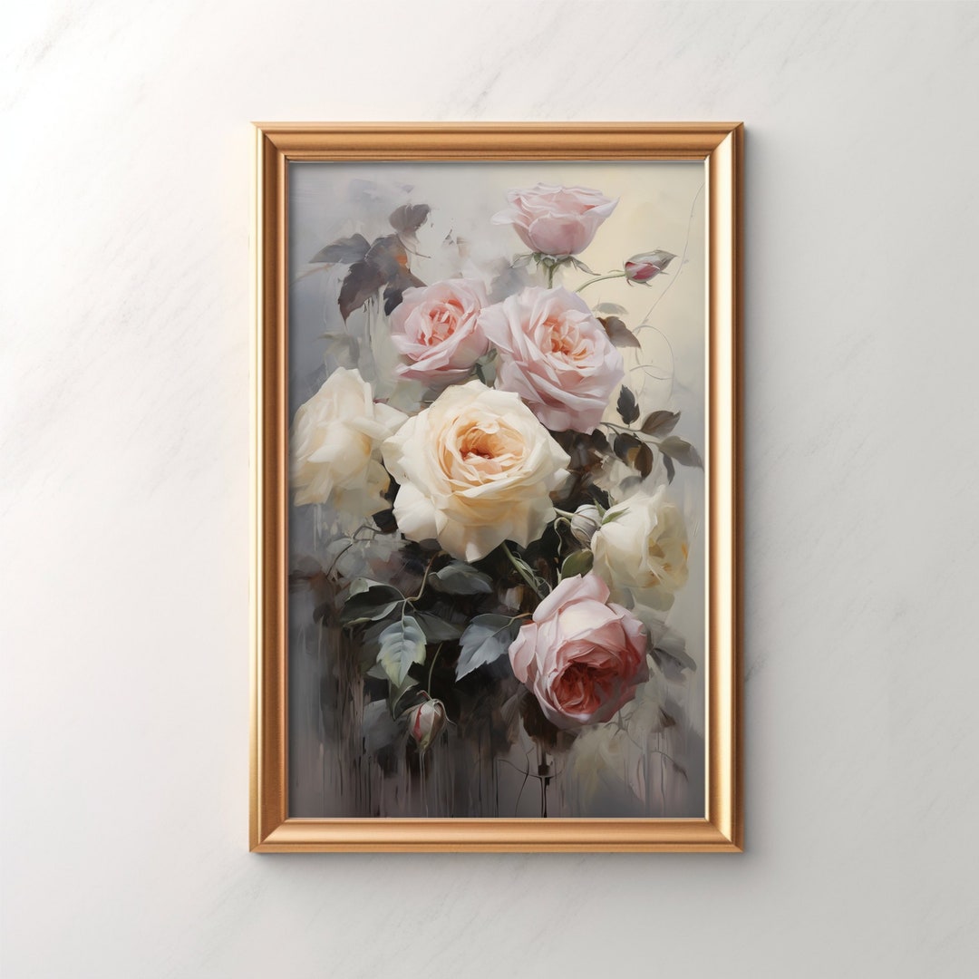 Romantic Floral Wall Art, Vintage Rose Canvas Print, Shabby Chic Home Decor, Large Elegant