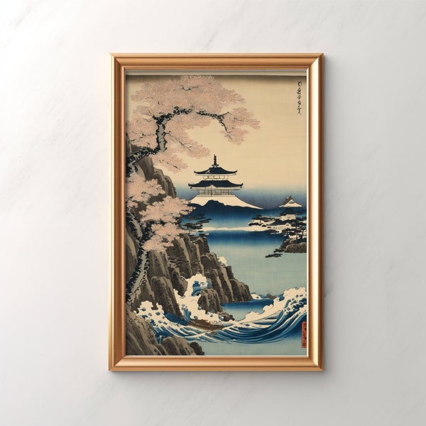 Vintage japanischer Landschaftsdruck, Kirschblüten-Wandkunst, asiatisches Dekor, traditionelle Tuschemalerei, Panorama-Bergszene, Wohndekoration