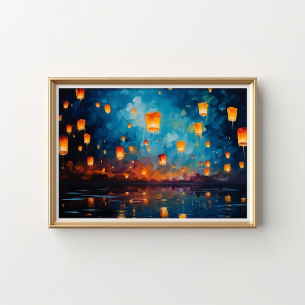 Enchanting Lantern Festival Canvas Art, Blue Orange Sky Reflection Wall Decor, Serene Water Landscape Print, Large Home Artwork