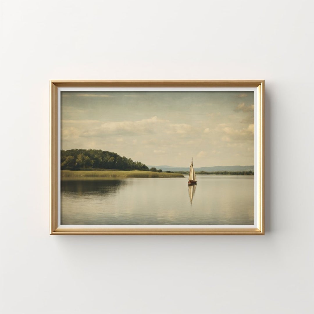 Vintage Sailboat Print, Lake Landscape Wall Art, Tranquil Nature Decor ...