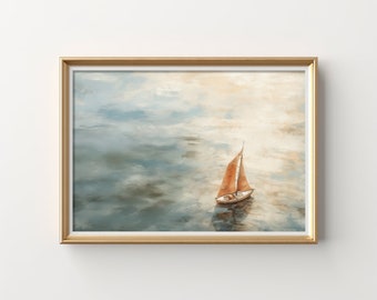 Serene Sailboat Print, Nautical Wall Art, Coastal Decor, Ocean Painting, Vintage Style, Rustic Home, Large Canvas, Beach House Artwork