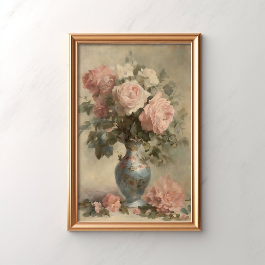 Vintage Floral Vase Art Print, Classic Rose Bouquet Painting, Elegant ...